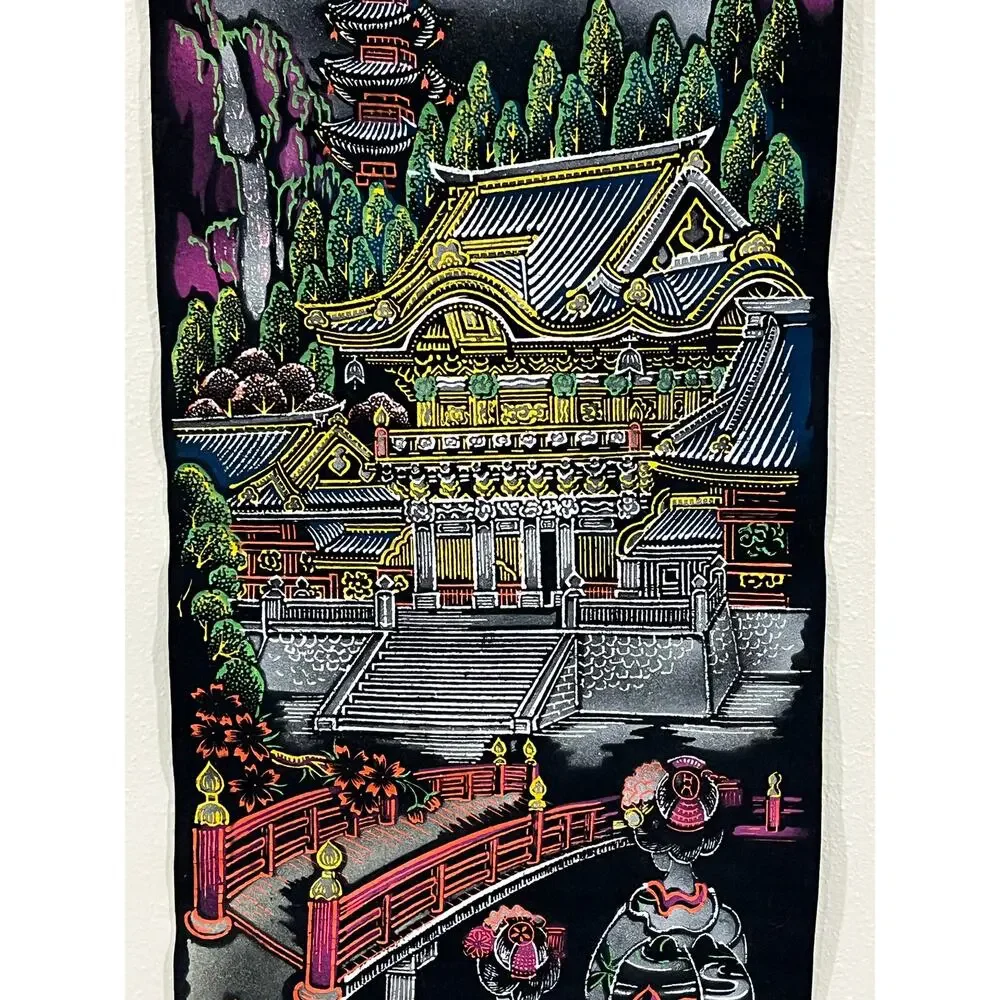Japanese Wall Scroll Temple Scene Textile Art Hanging Asian Decor Made in Japan